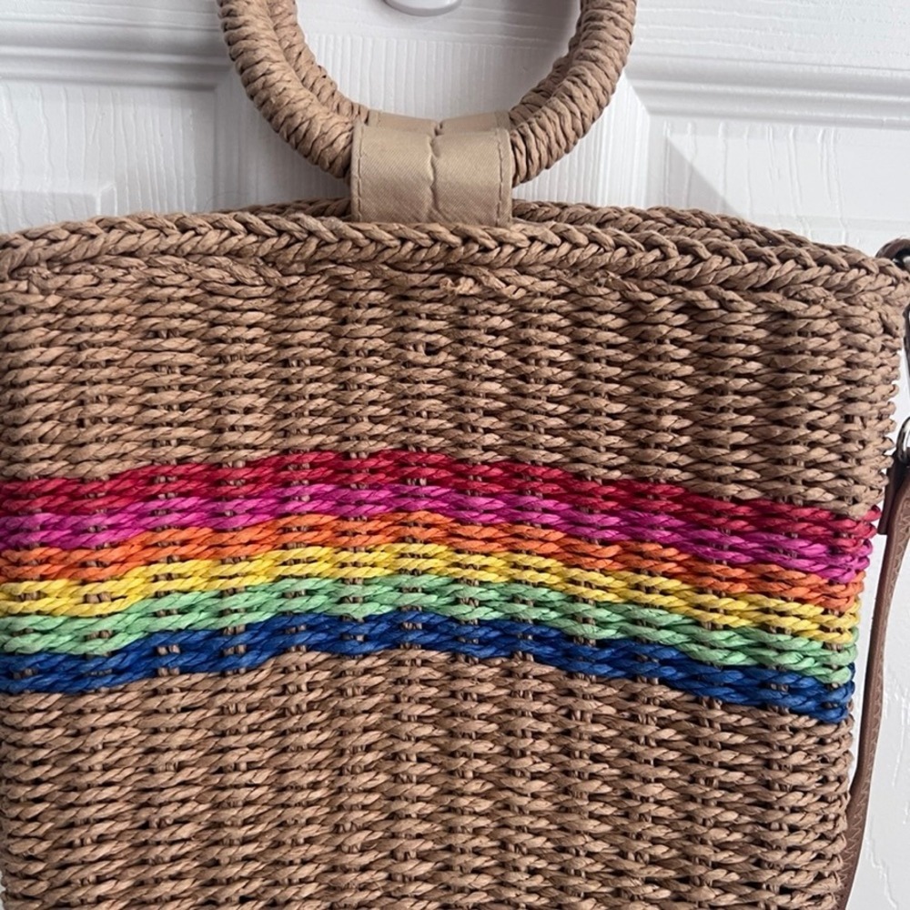 Straw Woven‎ Tote Bag Rainbow Stripe Top Handle Crossbody Purse - Picture 9 of 14
